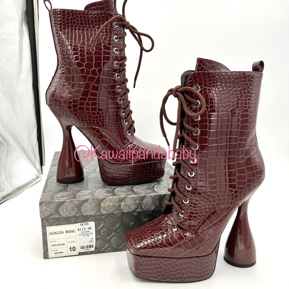 Sold- Azalea Wang Enzo Brown Faux Leather Croc Dolls Kill Platform Heel Boot - Picture 1 of 10